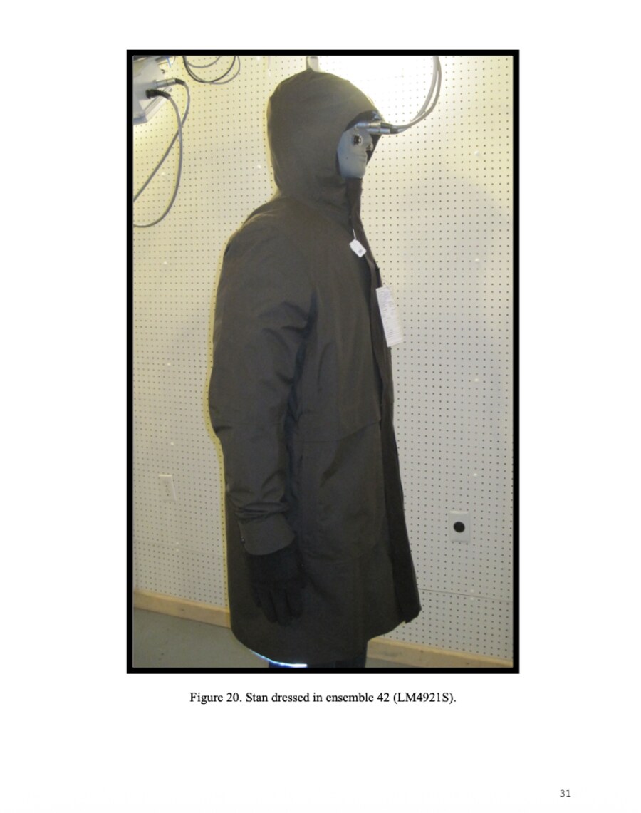 Thermal manikin dressed for cold-weather insulation testing