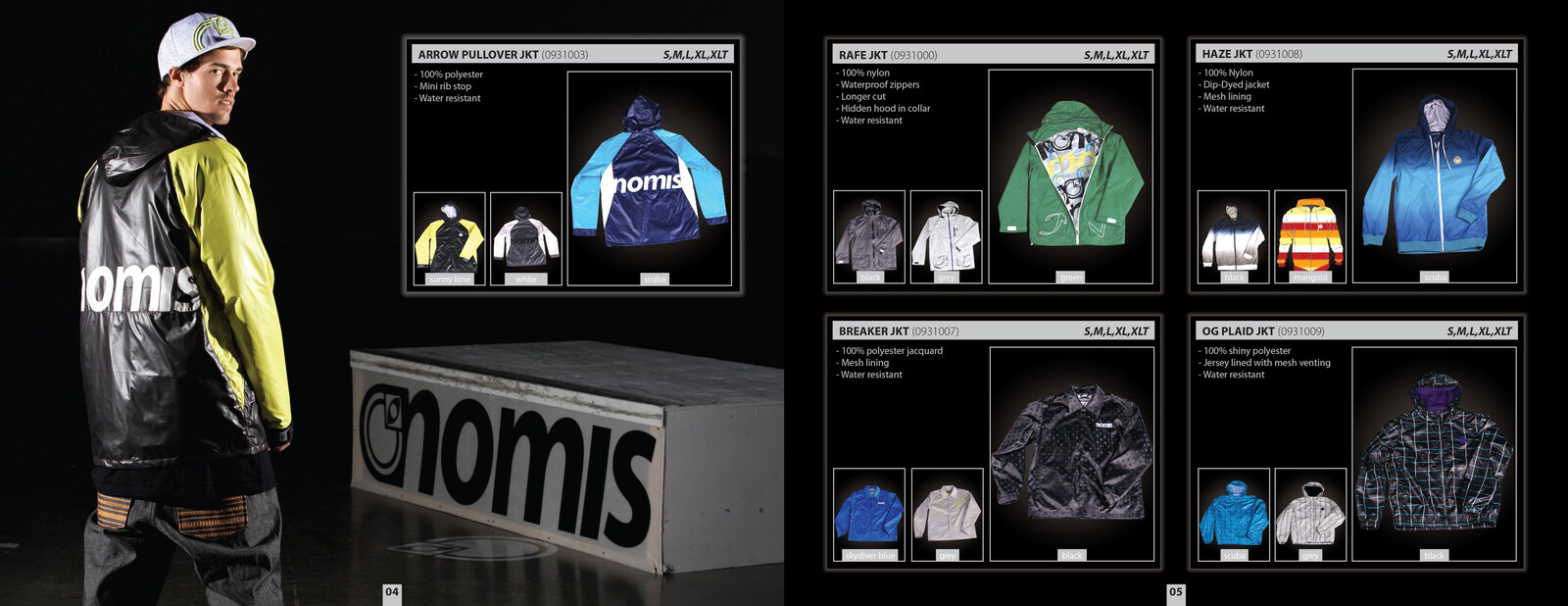 Nomis Design Spring 09 catalog spread — Arrow, Rafe, Haze, Breaker, OG Plaid jackets