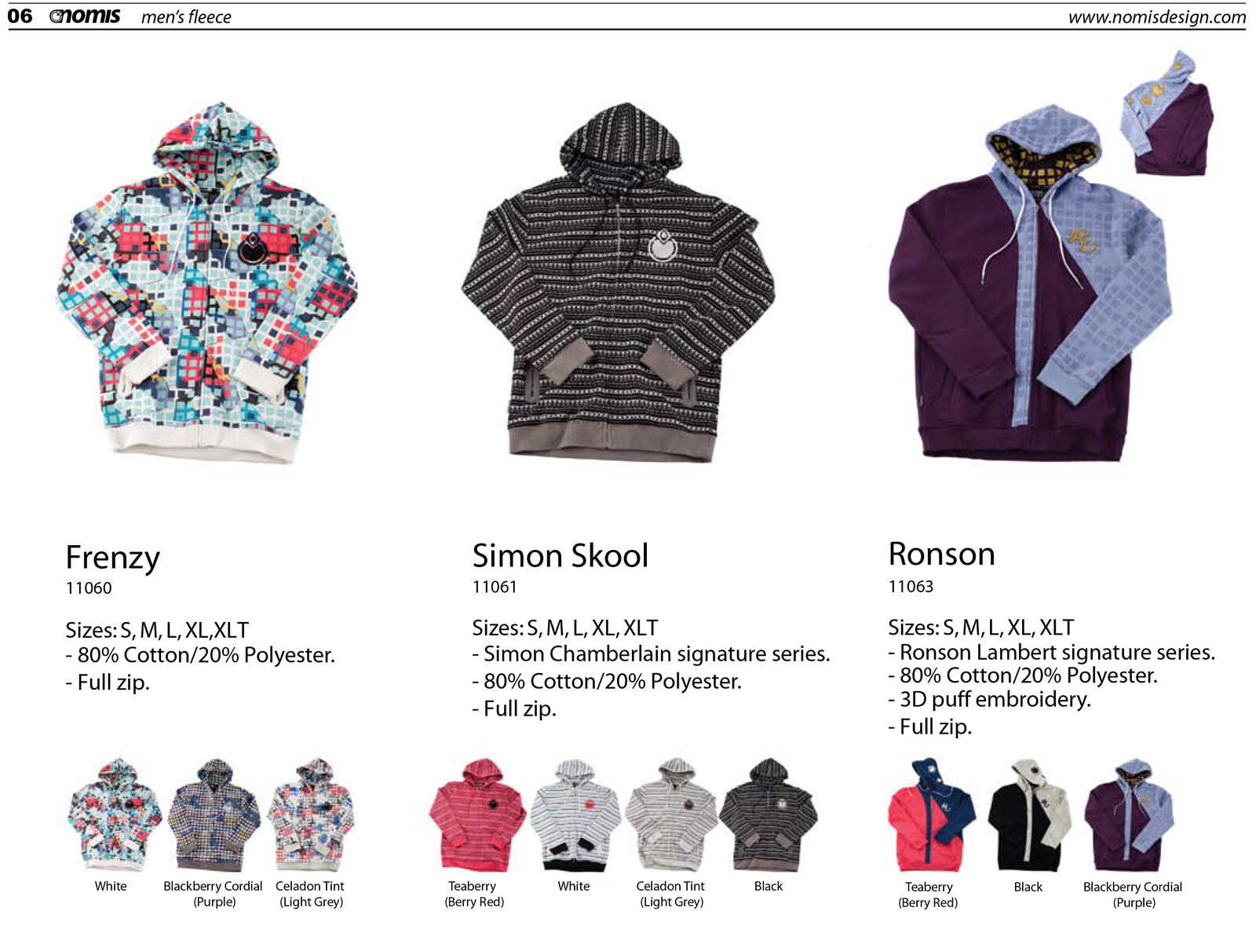 Nomis Design men's fleece catalog spread — Frenzy, Simon Skool, Ronson signature series